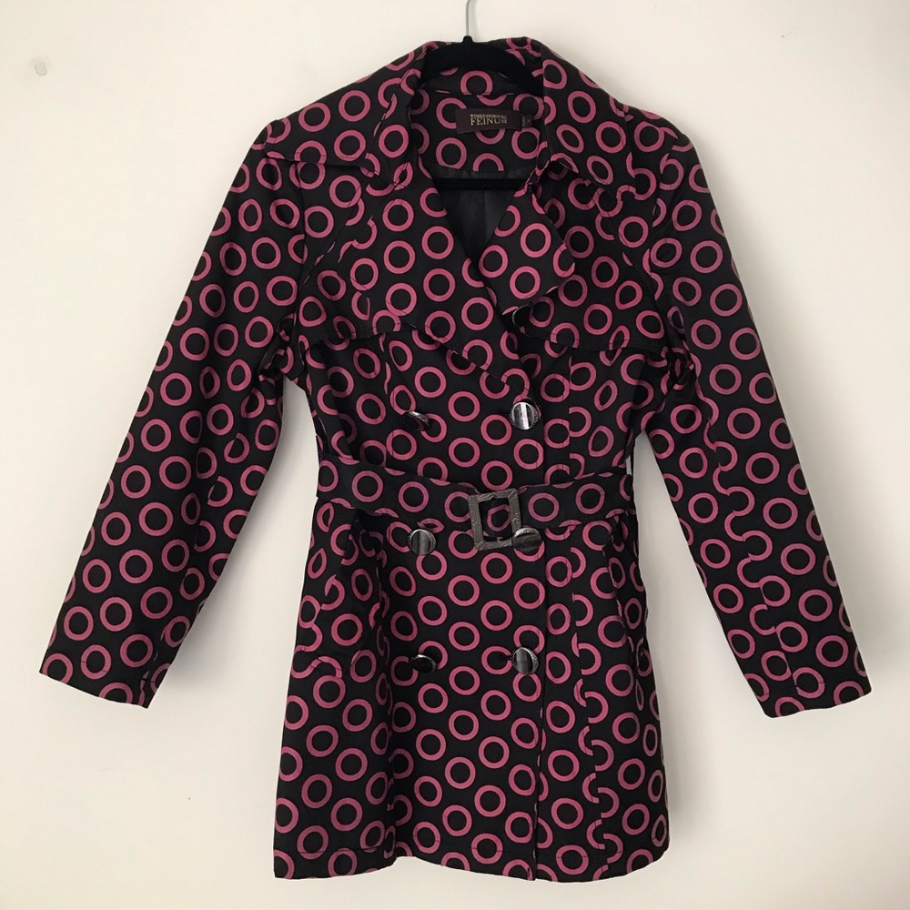 Double-breasted Trench Coat – Black with Pink Circle Print (Size XS/S)